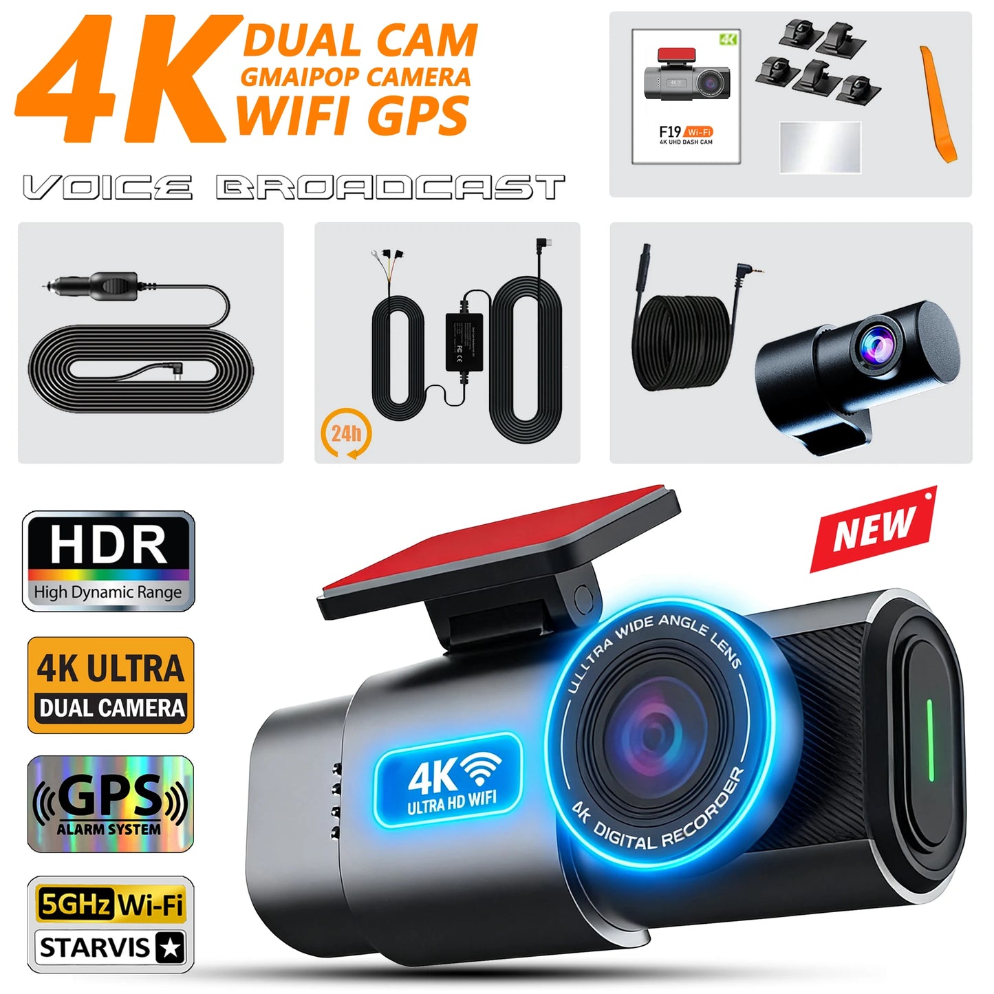GMAIPOP 4K Dash Cam with GPS – Front & Rear Car DVR, WiFi, Night Vision & Parking Monitor
