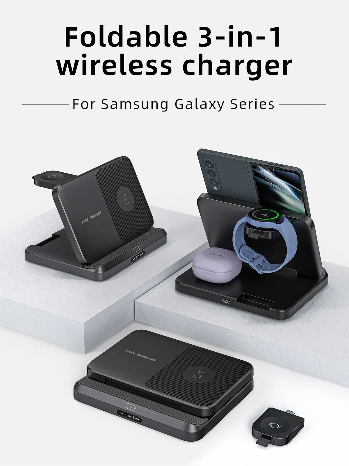 VIKEFON Foldable 3-in-1 Wireless Charger with Cooling Fan for Samsung Devices