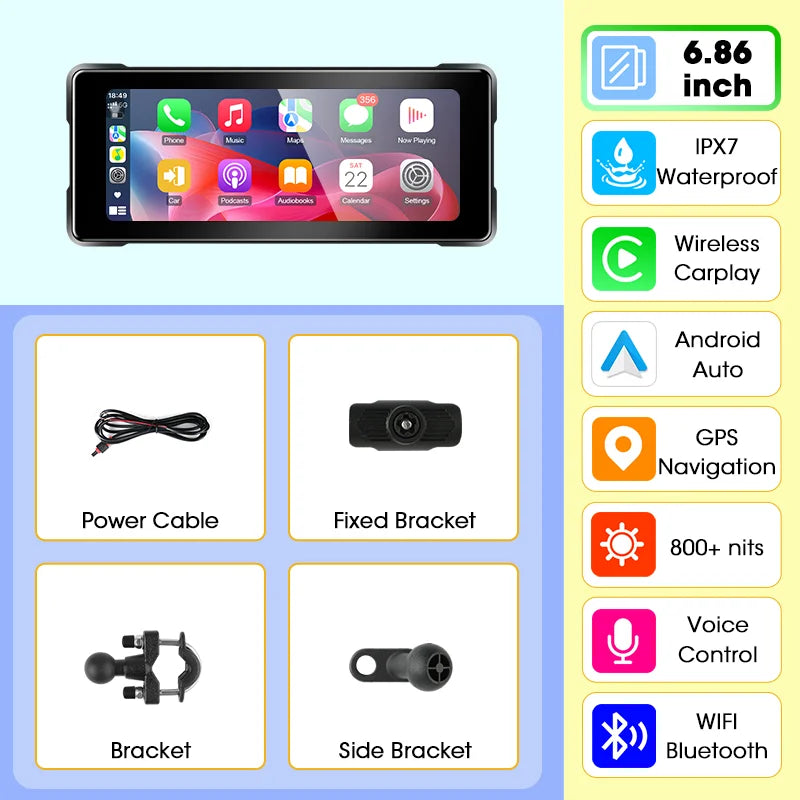 Jansite Portable Motorcycle CarPlay Screen – Dual Bluetooth, WiFi, IPX7 Waterproof