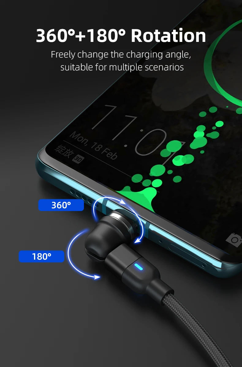540° Rotating Magnetic Charging Cable | 3-in-1 USB-A to Type-C / Micro USB / Lightning