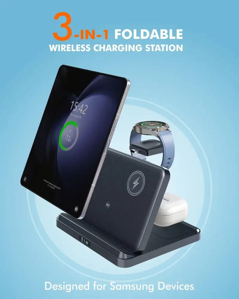 VIKEFON Foldable 3-in-1 Wireless Charger with Cooling Fan for Samsung Devices