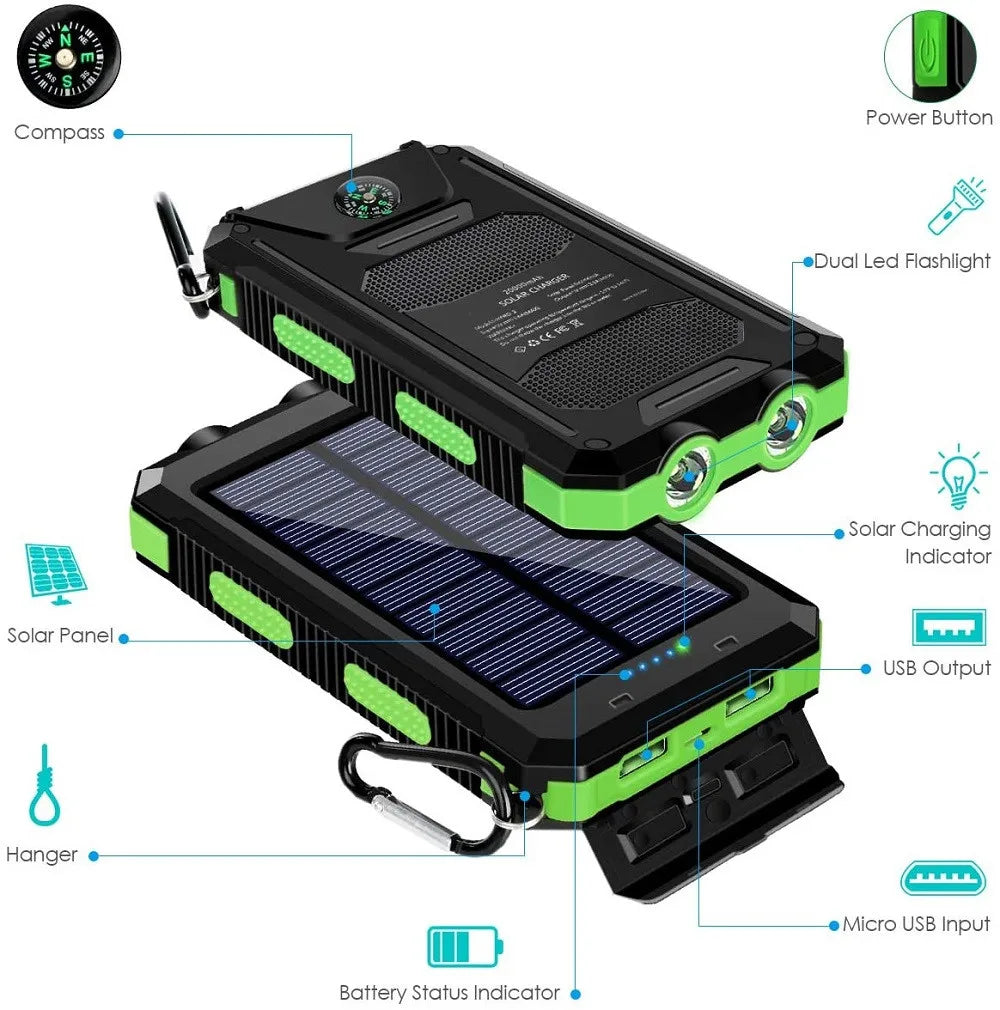Solar Power Bank with LED Torch & Compass – Outdoor Emergency Charger (20W)