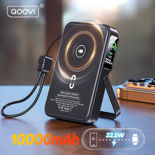 10000mAh Wireless Power Bank – 3-in-1 Magnetic Charger with TFT Display & Stand