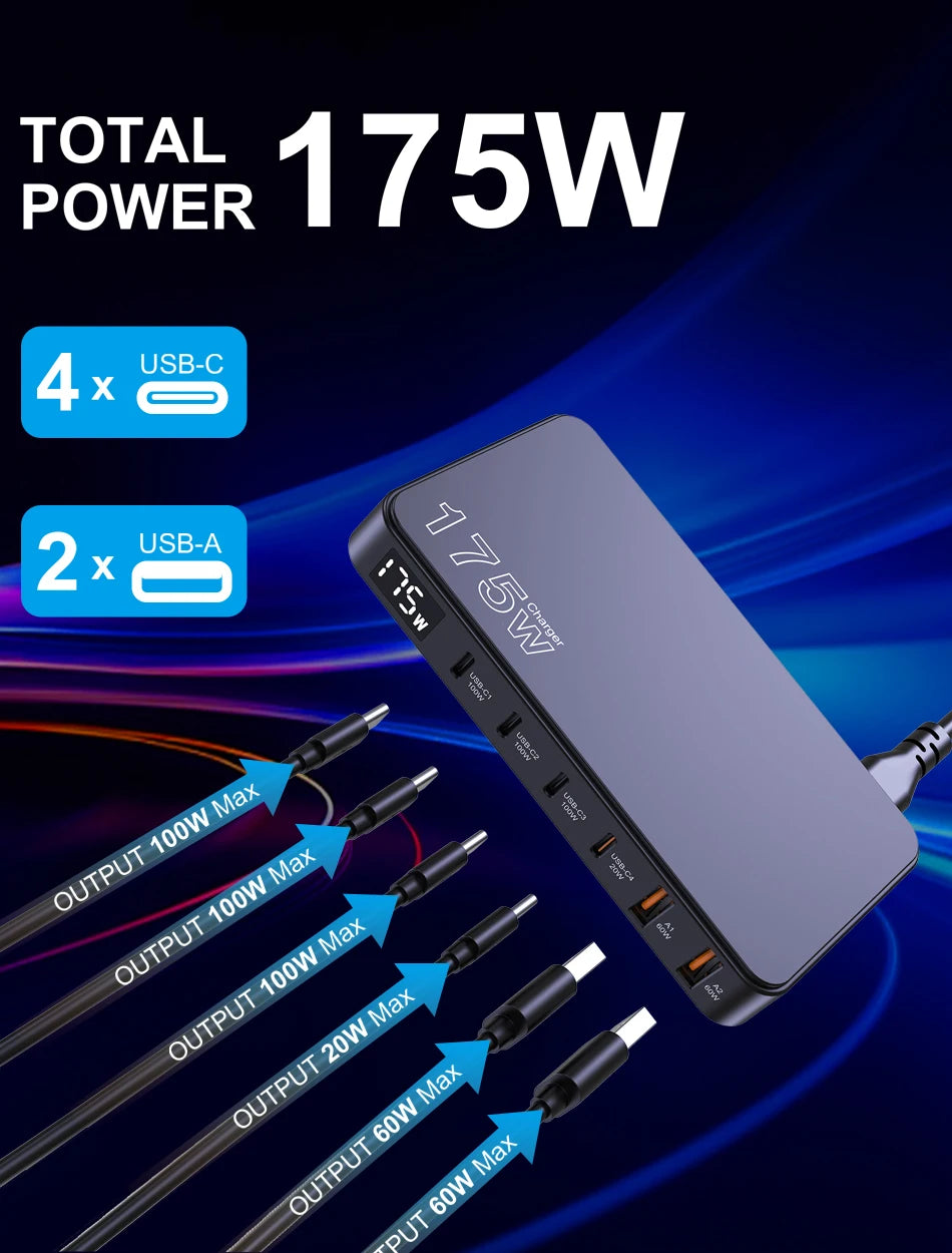 175W USB-C GaN Desktop Charger – LED Display, PD 100W, QC 60W Multi-Device