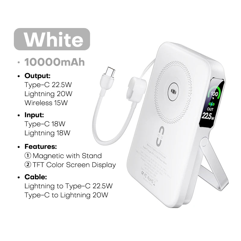 10000mAh Wireless Power Bank – 3-in-1 Magnetic Charger with TFT Display & Stand
