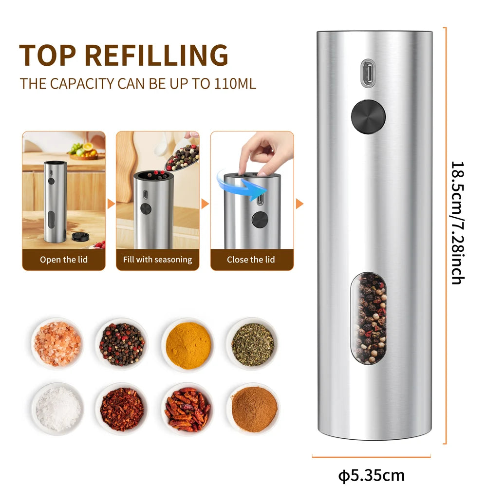 Electric Salt & Pepper Grinder Set – USB Rechargeable Stainless Steel Mills with 6-Level External Coarseness & LED Light (110ml)