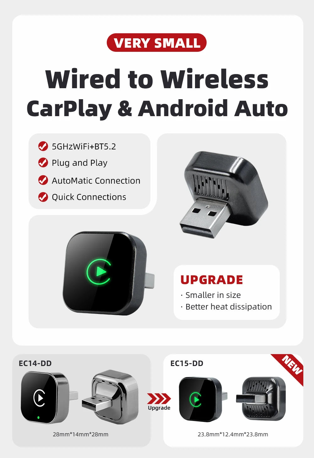 EKIY Wireless CarPlay & Android Auto Adapter – 2-in-1 Wired-to-Wireless USB Smart Dongle with OTA Updates