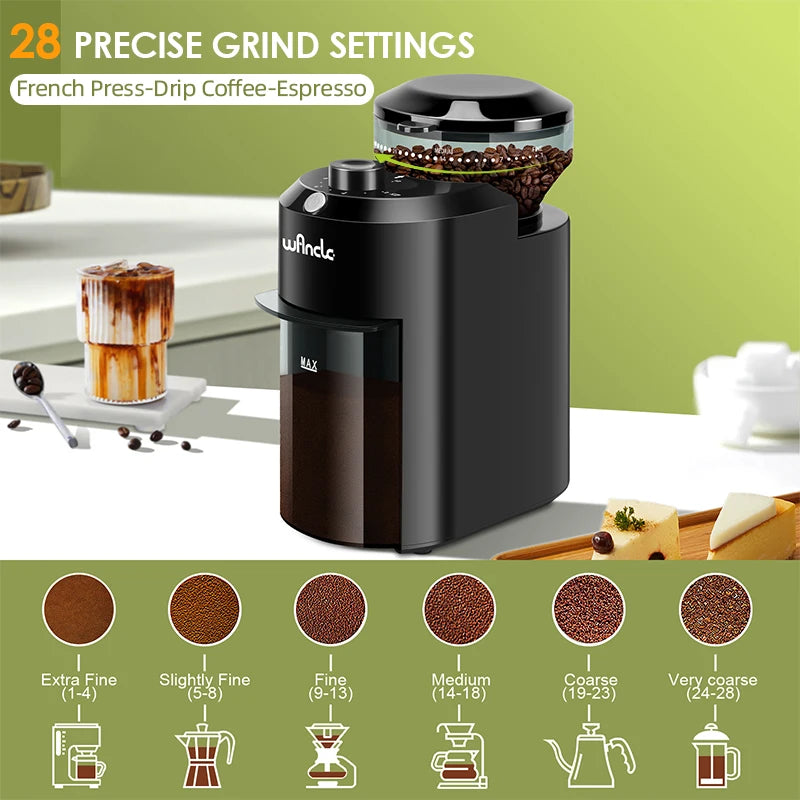 KIRAINAFLY Professional Electric Burr Coffee Grinder – 28-Level Flat Burr, 2–12 Cup Control