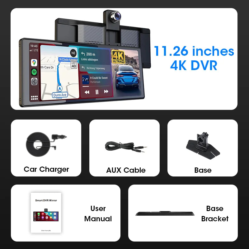 Jansite 10.26"/11.26" Wireless Apple CarPlay & Android Auto Screen with 4K Dash Cam Support