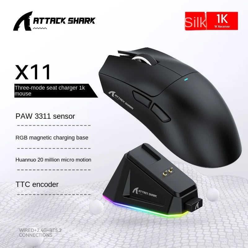 Attack Shark X11 Triple-Mode Wireless Gaming Mouse – PAW3395, 22,000 DPI, Magnetic Charging Dock