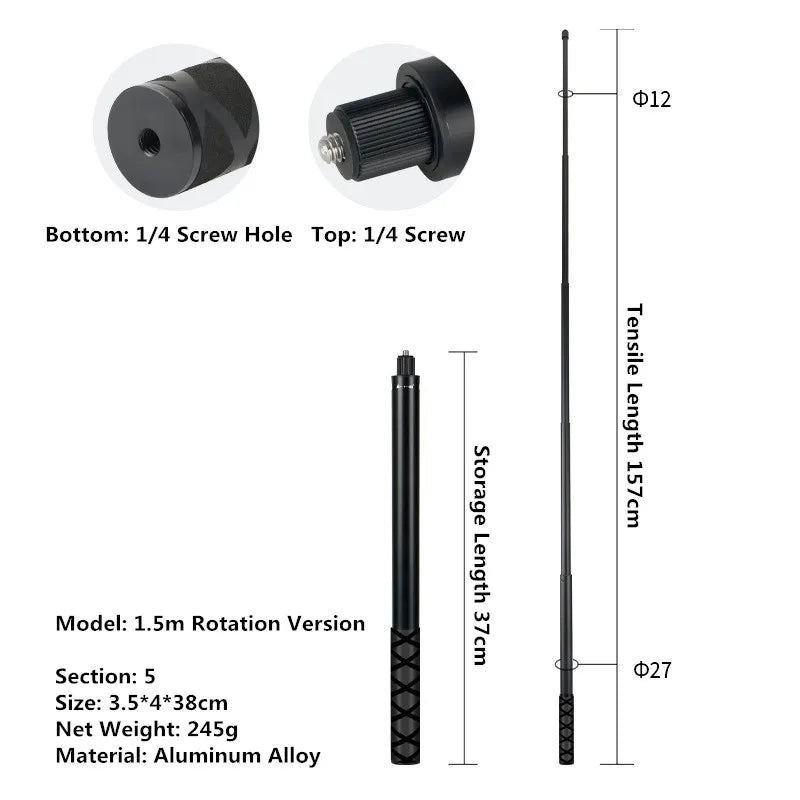 Aluminum Selfie Stick for Insta360, GoPro & DJI Action Cameras