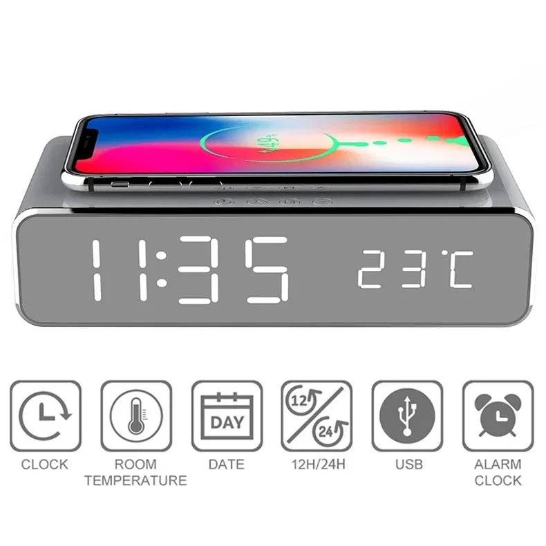 Opansten Wireless Charging Alarm Clock – 5W Qi Charger with Time, Temperature & LED Display