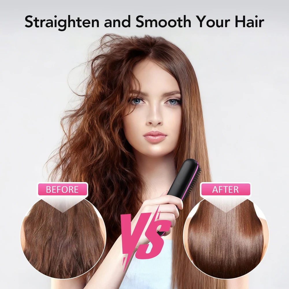 Cordless Hair Straightener Brush – Wireless Ceramic Heated Comb with Ions