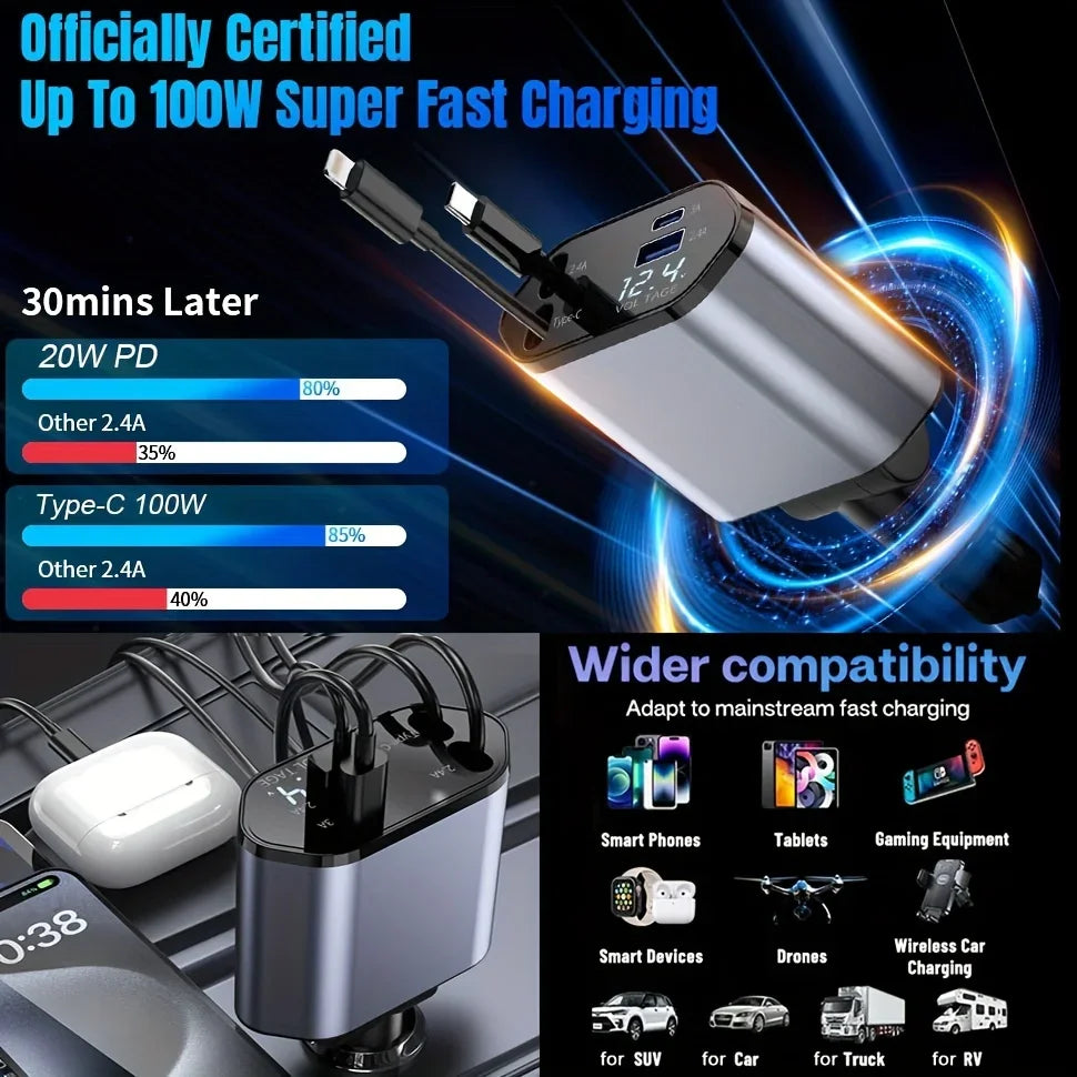 4-in-1 Retractable Car Charger with Starry Sky Ambient Light – USB-C Fast Charging & Dual Built-In Cables (12–24V Universal)