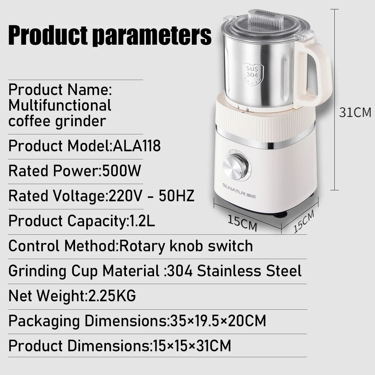SUNATUR 500W Electric Food Grinder – 800ml Stainless Steel Grinding Cup with 4 Blades