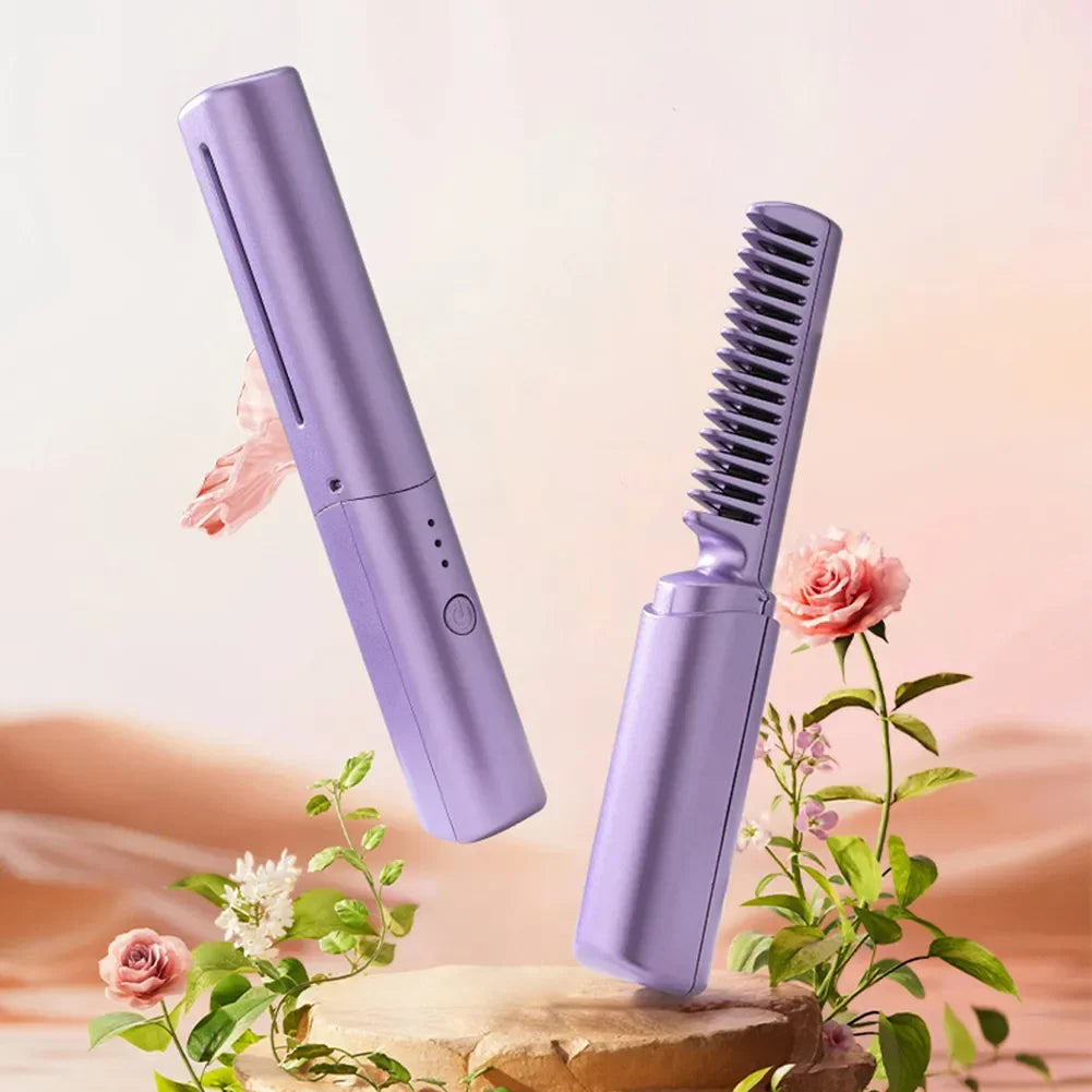 2-in-1 Mini Cordless Hair Straightener Comb – USB Rechargeable Portable Styling Tool