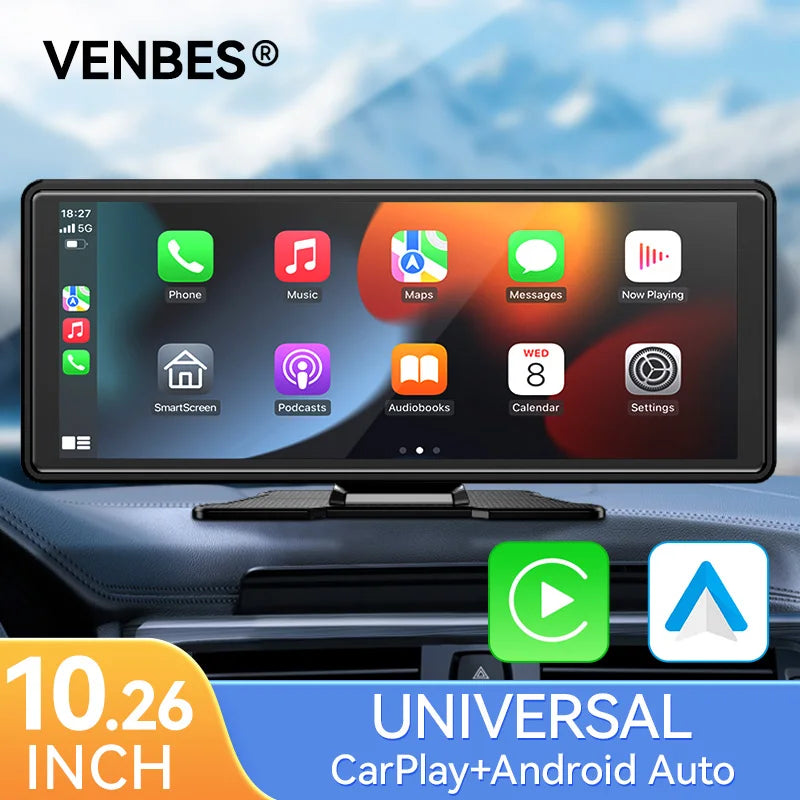 Venbes 10.26” Portable Wireless CarPlay & Android Auto Screen – Universal Fit