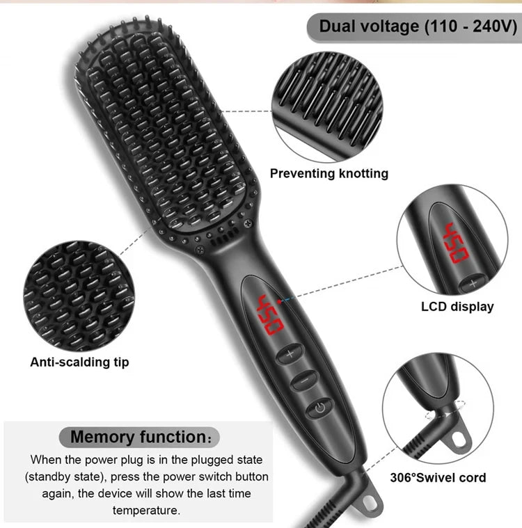 Electric Beard & Hair Straightener Brush – Anti-Scald Ceramic Heated Styling Comb