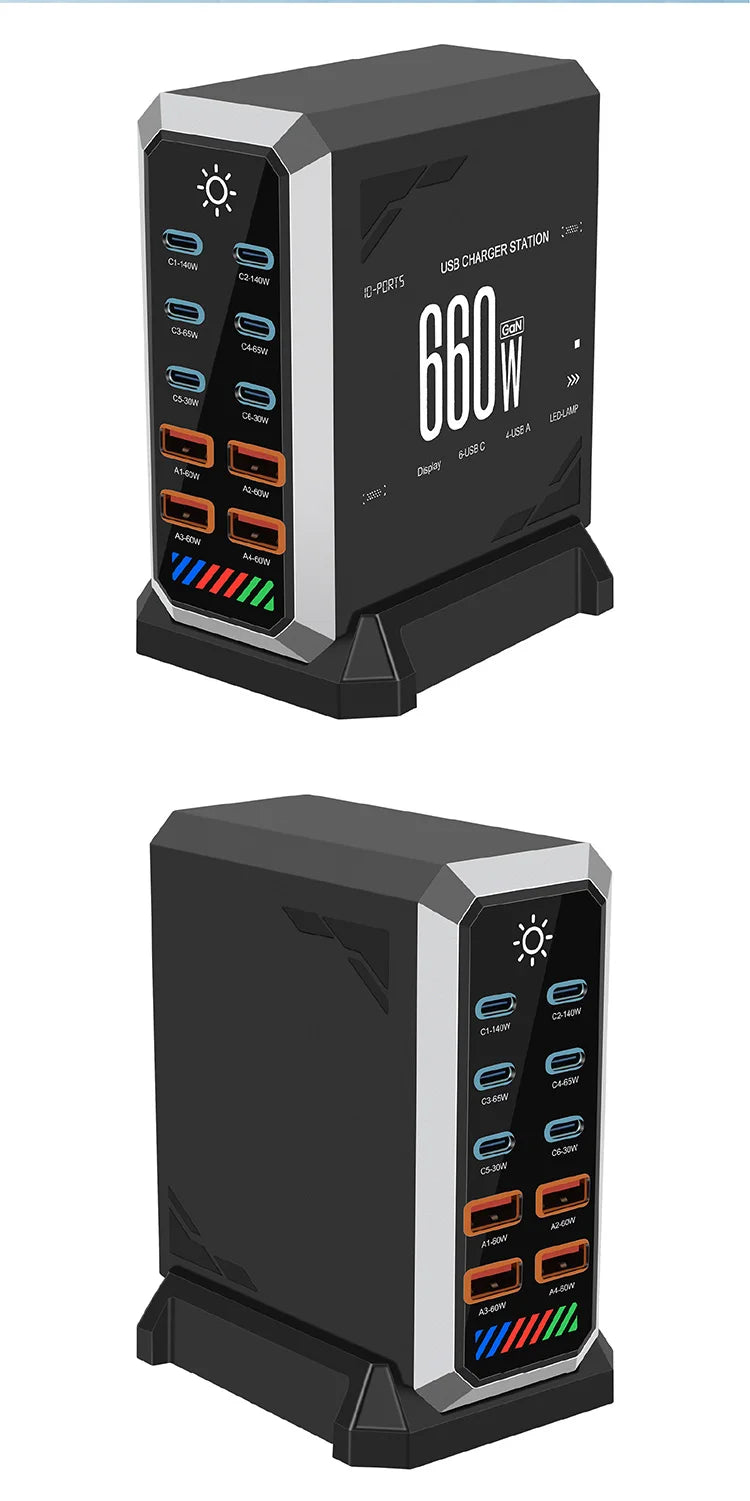10-in-1 660W USB-C Power Hub – Multi-Device Fast Charging Station with Global Plugs