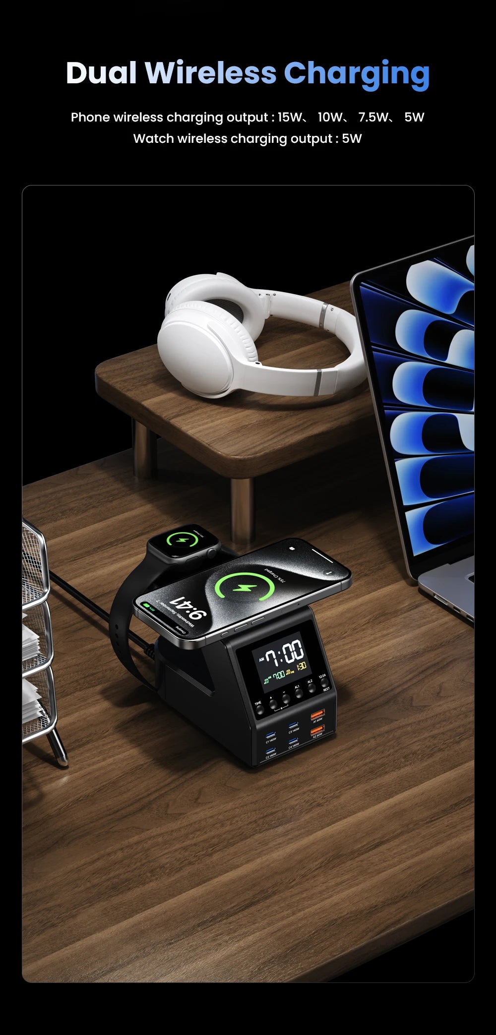 240W Smart GaN Charger Station – 6 USB Ports + Wireless & Alarm Clock