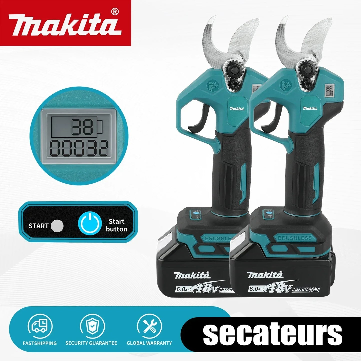 Makita Cordless Electric Pruning Shears 18V – Brushless Motor, SK5 Steel Blade, LCD Display