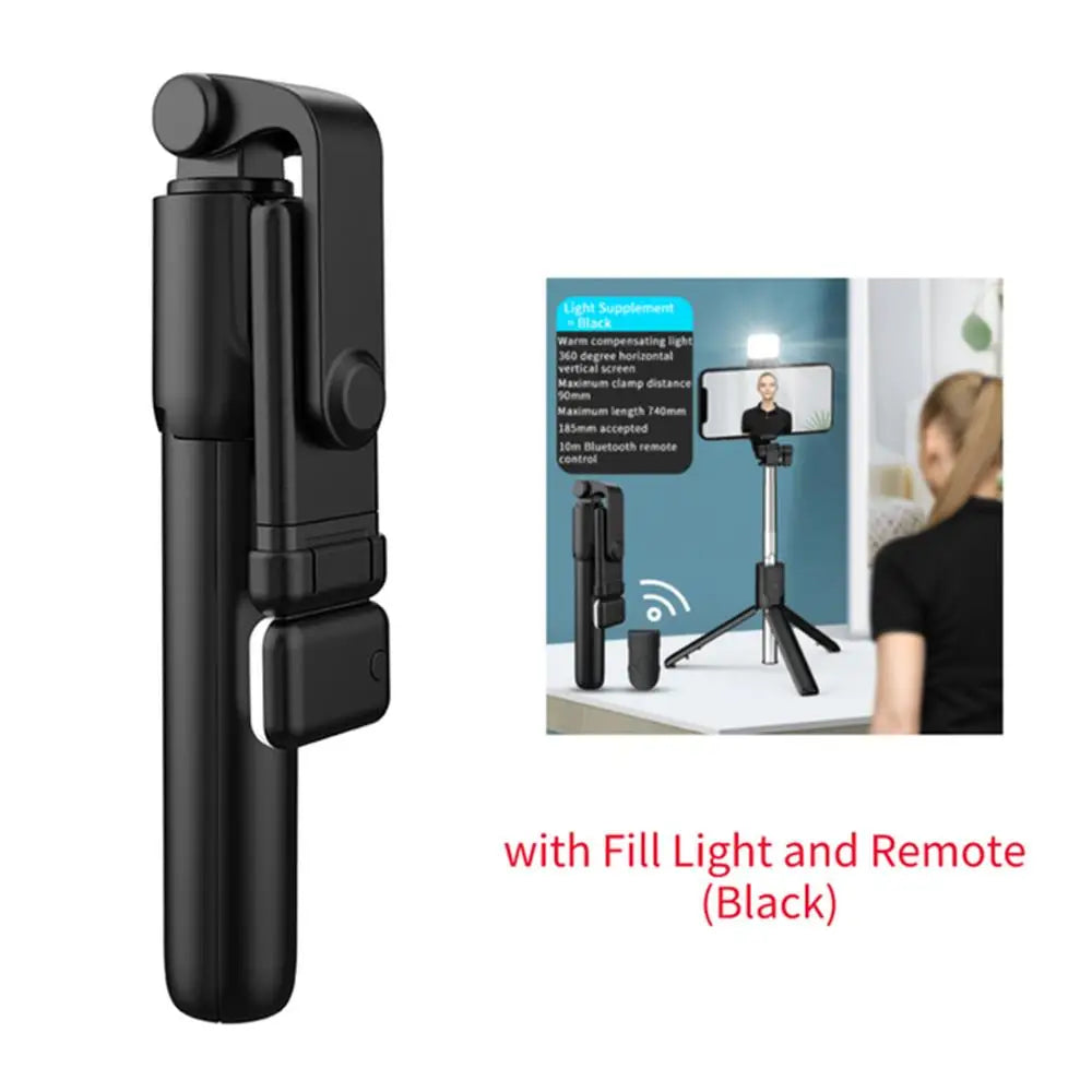 Compact Selfie Stick Tripod – Stainless Steel, Fill Light & Bluetooth Control