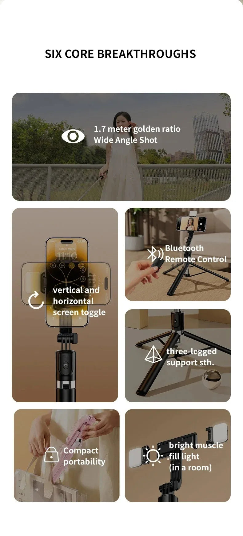 Ultra-Long 1.7m Bluetooth Selfie Stick Tripod – Stainless Steel