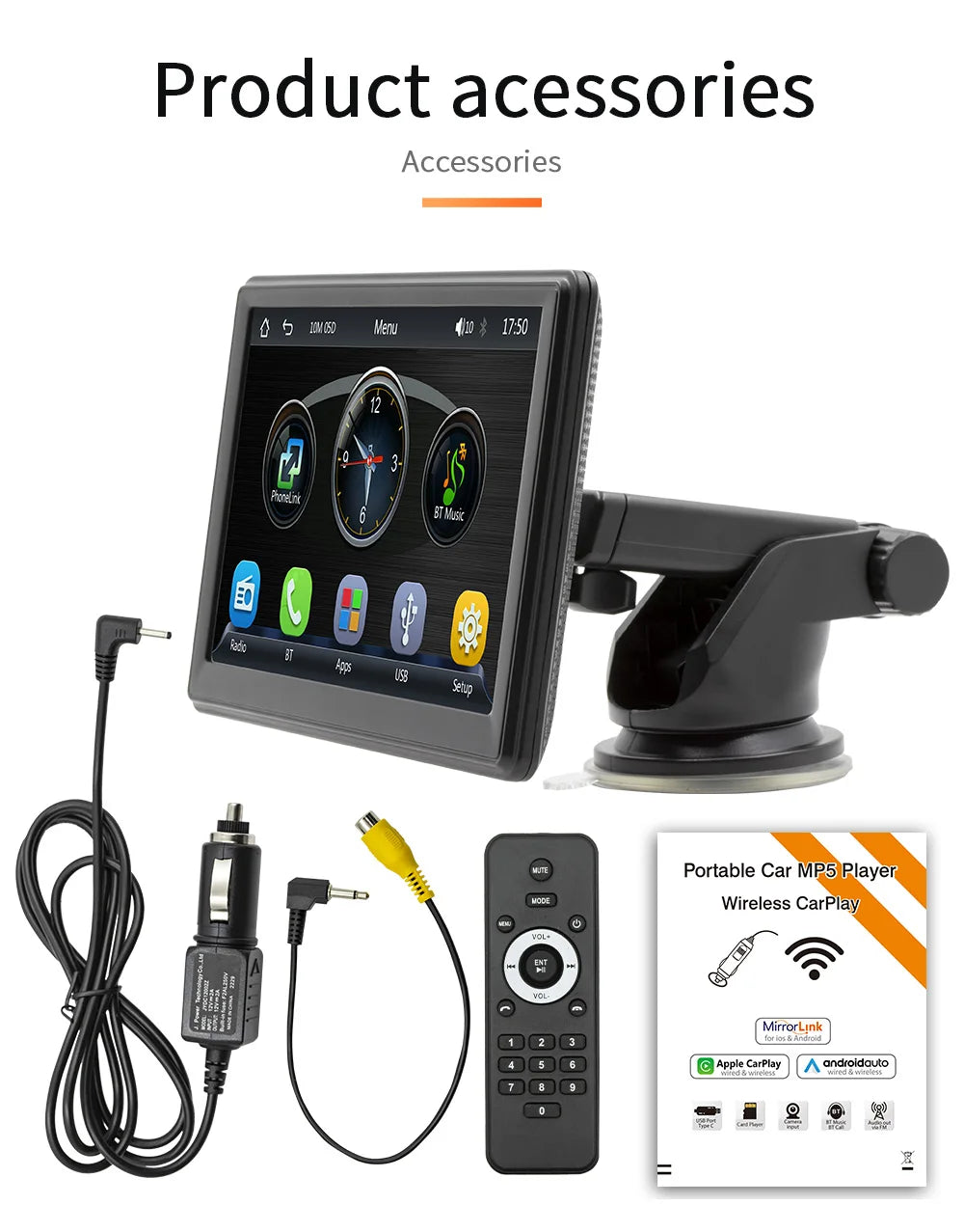 BQCC 7” Portable Wireless CarPlay & Android Auto MP5 Car Playe