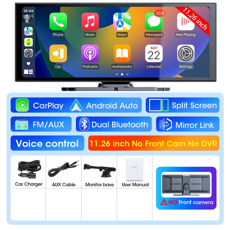 T369 11.26″ Wireless CarPlay Screen with 4K Rotatable Camera