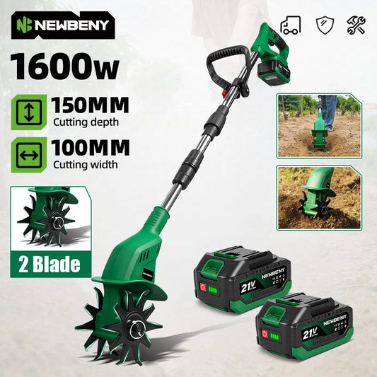 NewBeny Cordless Garden Cultivator 21V 1600W High Power Tiller with 150mm Blade