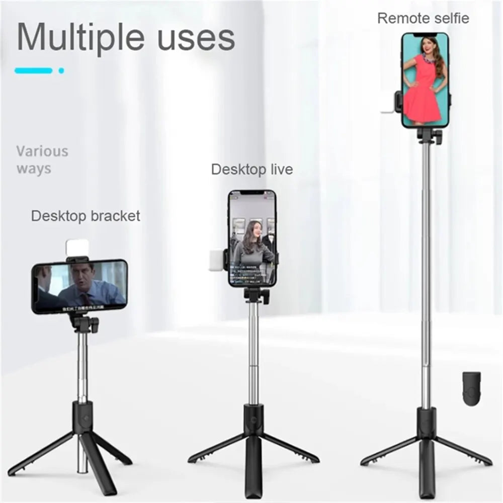 Compact Selfie Stick Tripod – Stainless Steel, Fill Light & Bluetooth Control