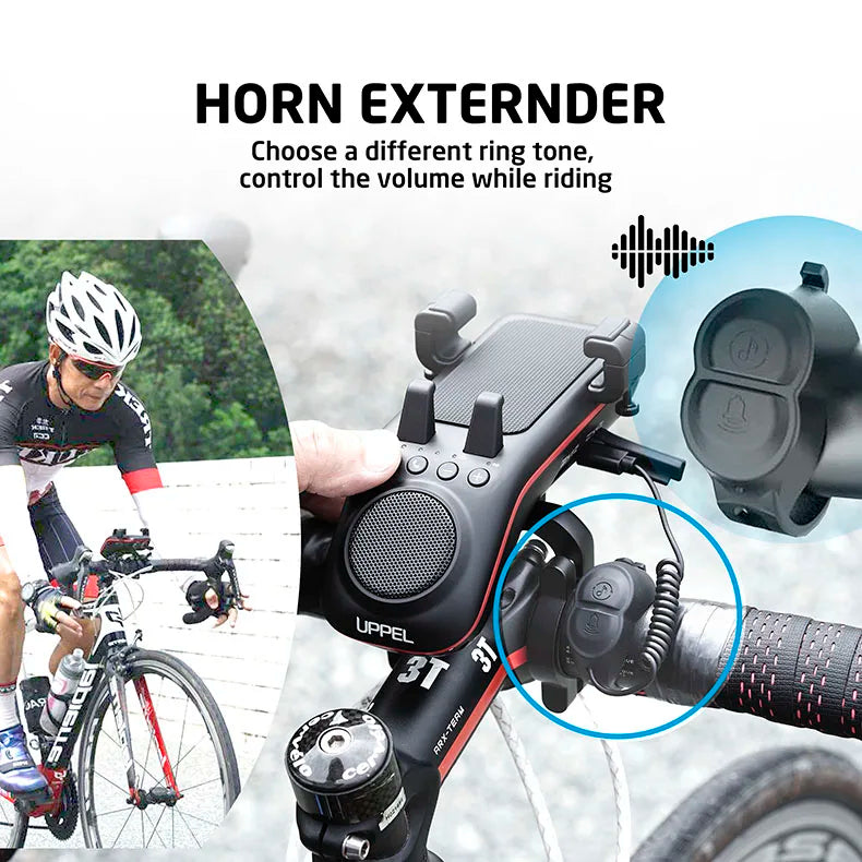 UPPEL M208 4-in-1 Bike Phone Mount with Bluetooth Speaker, LED Headlight & Horn – 5000mAh Rechargeable Handlebar Holder
