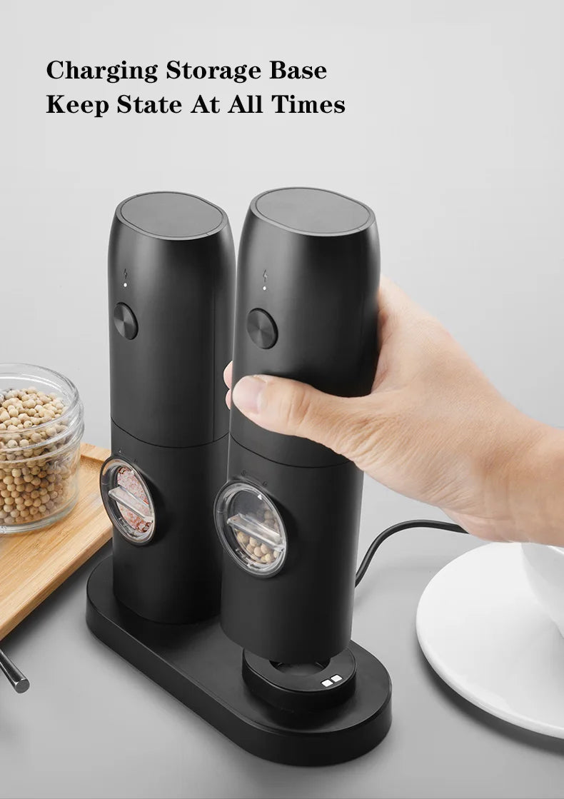 OLOEY Rechargeable Electric Salt & Pepper Grinder Set – Adjustable Coarseness with LED & Charging Base