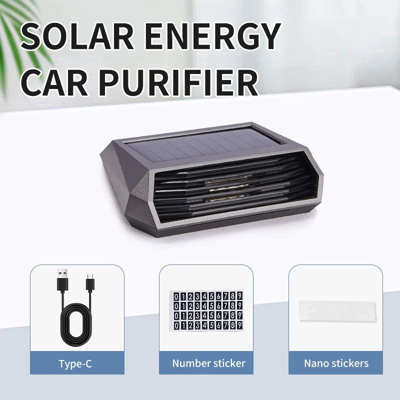 Kebidumei Solar Car Air Purifier with Type-C Charging – Auto Start/Stop Negative Ion & Active Oxygen Deodorizer