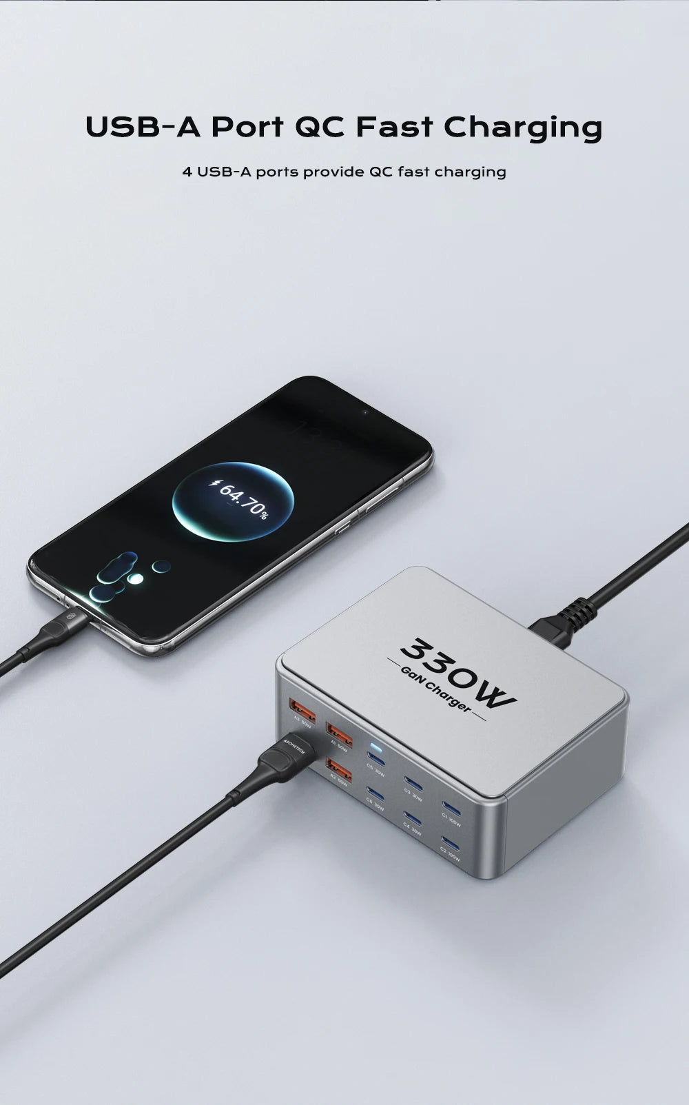 AS330W 330W GaN Desktop Charger – 10-Port USB-C & USB-A Fast Charging Station