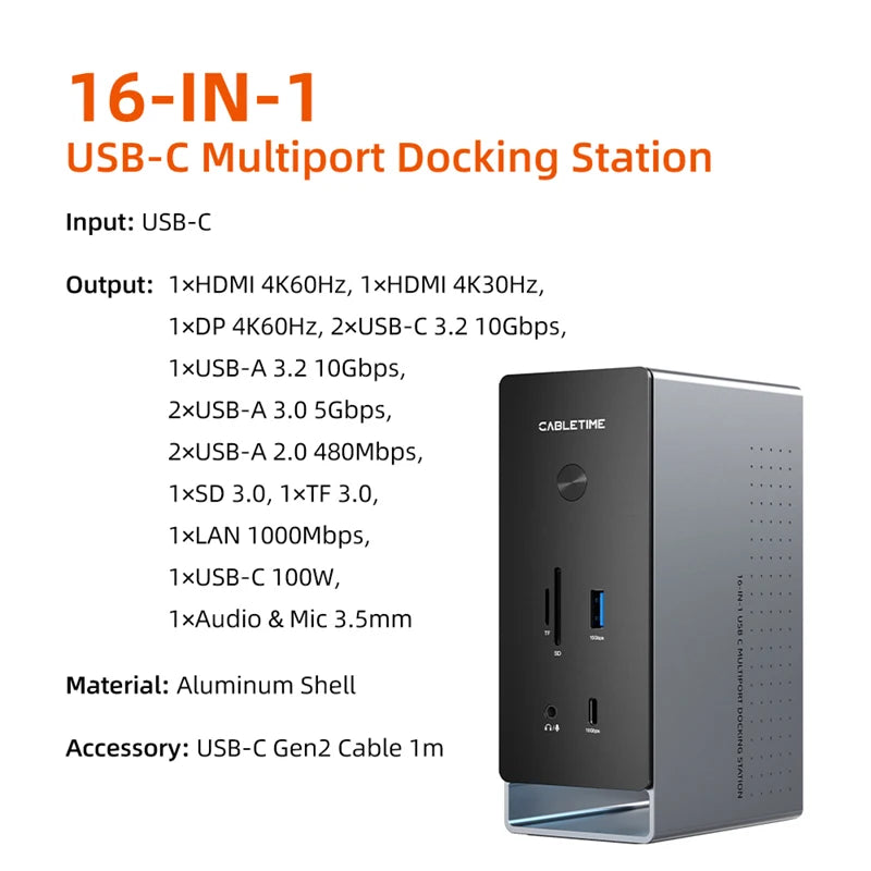 16-in-1 USB-C & USB-A Docking Station – HDMI VGA RJ45 Card Reader Hub for Laptop & Steam Deck