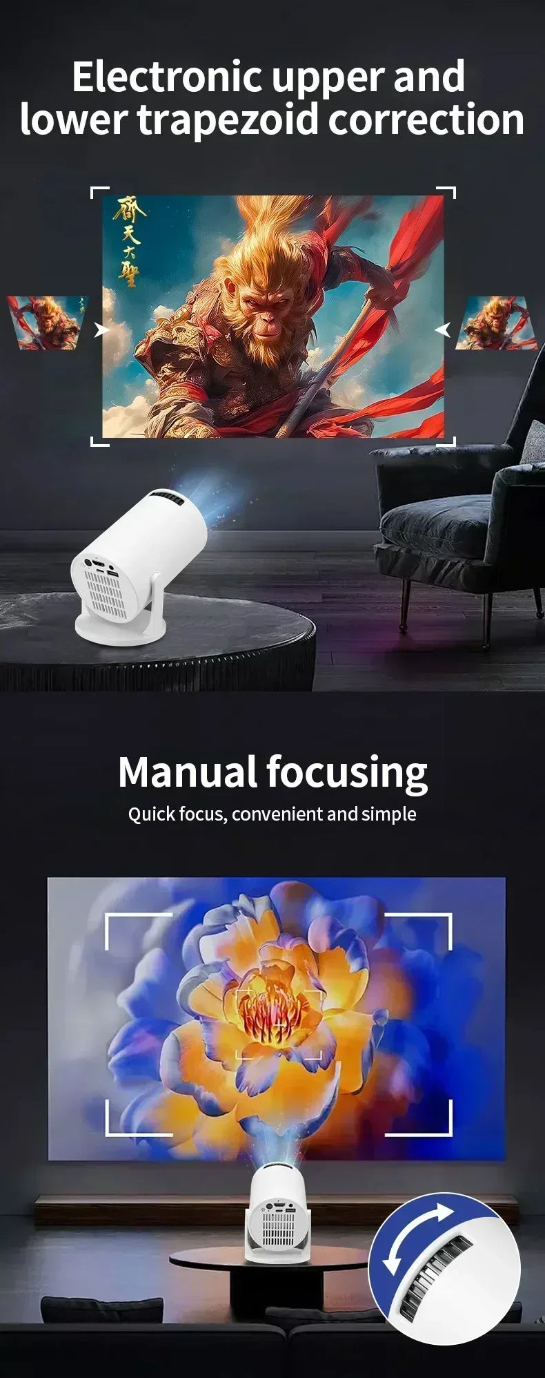 Mini Android Projector – 1080P Support, 8000 Lumens, Portable Home Theater