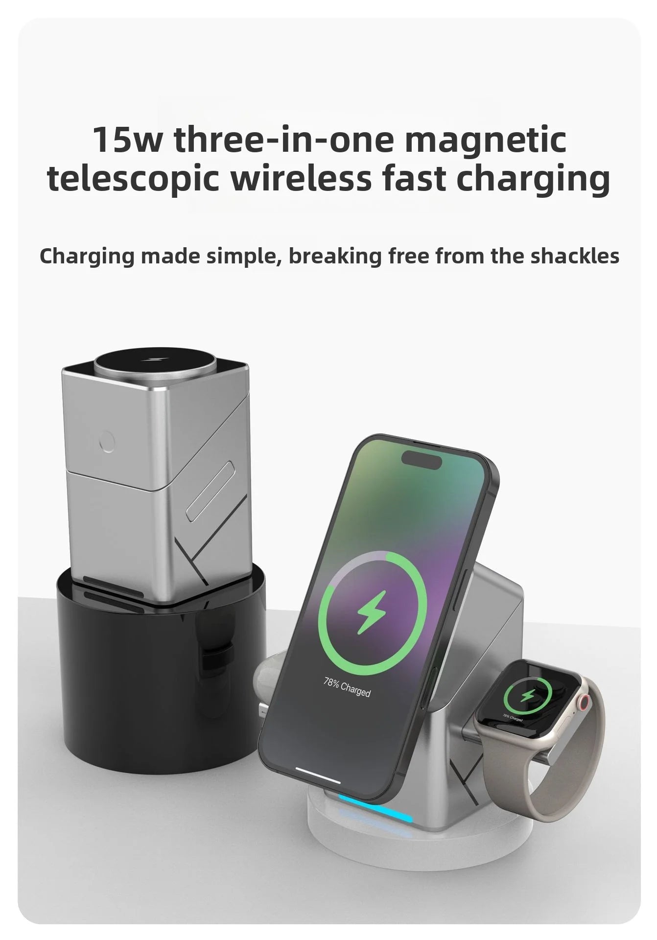 15W Fast Charging 3-in-1  Magic Cube Spin Wireless Charger with Strong Magnetism