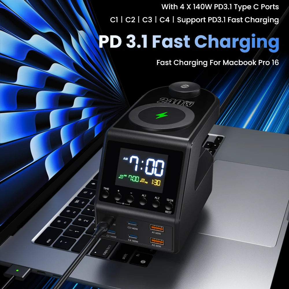 240W Smart GaN Charger Station – 6 USB Ports + Wireless & Alarm Clock
