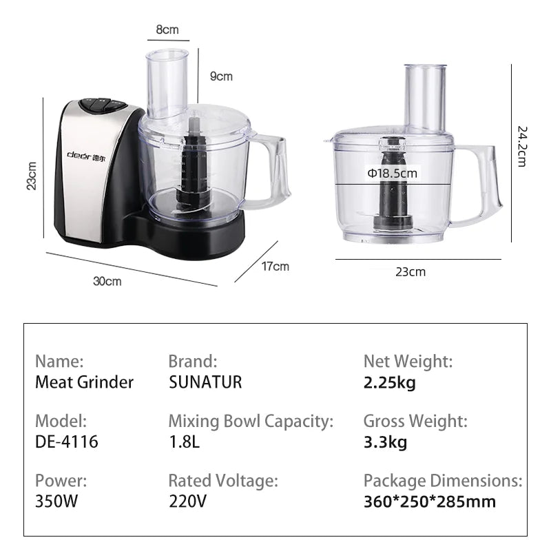 SUNATUR 1.8L Electric Food Processor 350W – Multi-Function Slicer, Shredder & Grinder
