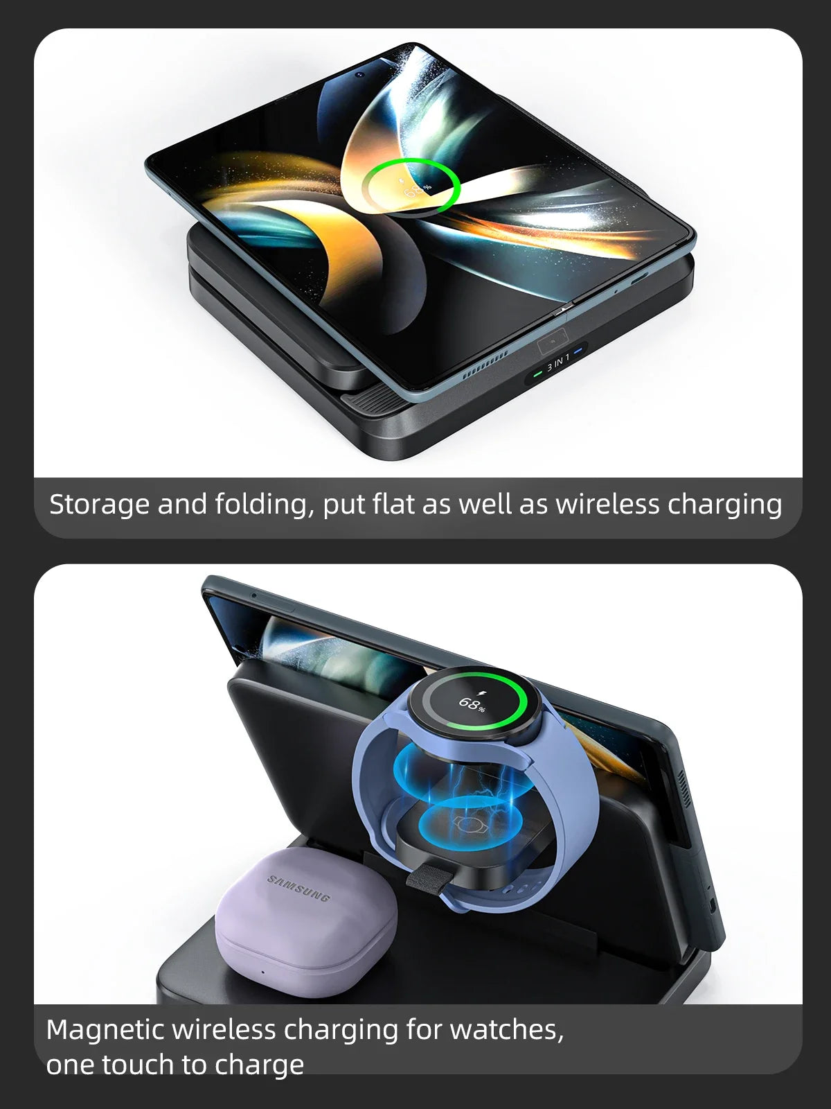 VIKEFON Foldable 3-in-1 Wireless Charger with Cooling Fan for Samsung Devices