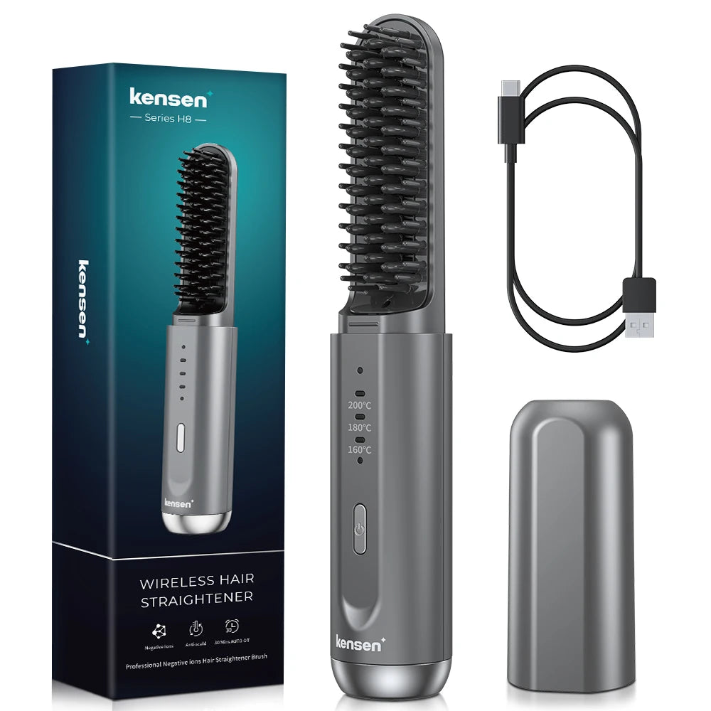 Kensen Cordless Hair Straightener Brush – Negative Ion USB Travel Styling Comb