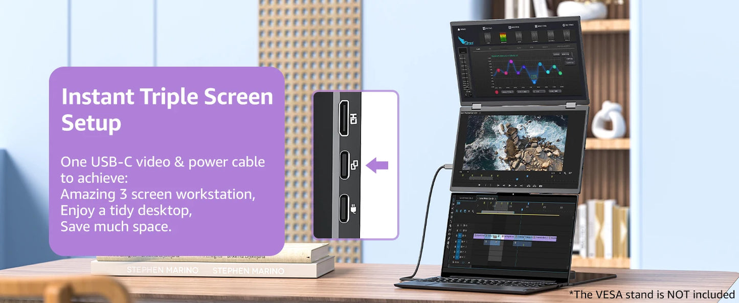 15.6″ Folding Dual Monitor | FHD IPS 1080P | USB-C Portable Display | Built-in Speakers