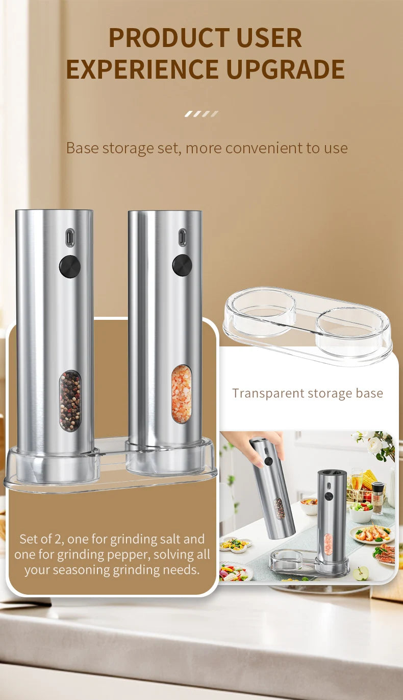 Electric Salt & Pepper Grinder Set – USB Rechargeable Stainless Steel Mills with 6-Level External Coarseness & LED Light (110ml)