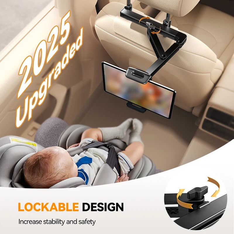 Car Headrest Tablet Holder – Foldable 360° Adjustable Backseat Mount