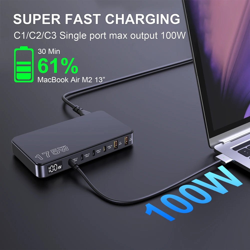 175W USB-C GaN Desktop Charger – LED Display, PD 100W, QC 60W Multi-Device