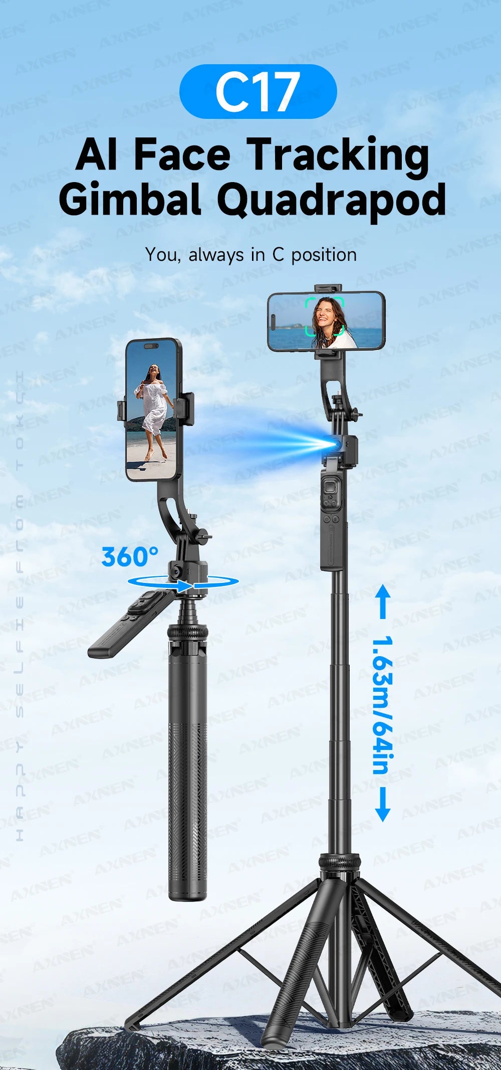 AI Face Tracking Selfie Stick Tripod – 1.63m Smart Quadrapod
