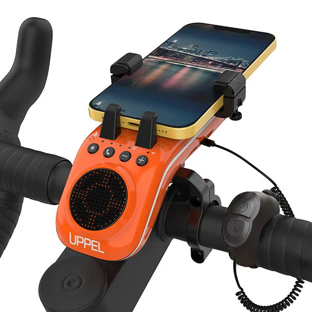 UPPEL M208 4-in-1 Bike Phone Mount with Bluetooth Speaker, LED Headlight & Horn – 5000mAh Rechargeable Handlebar Holder