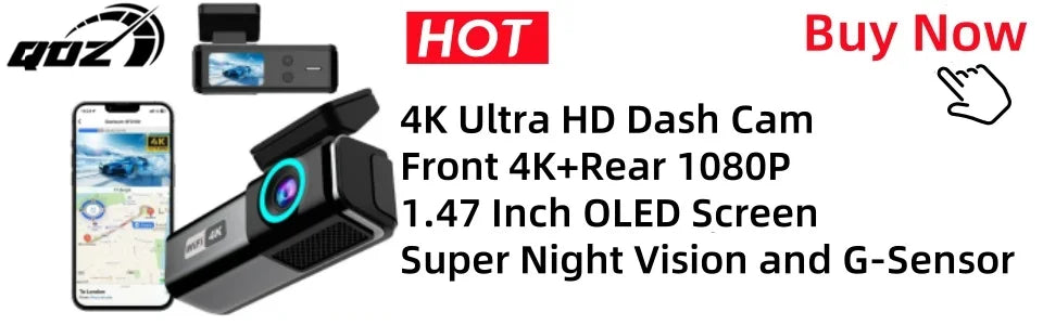 QOZ 4K Dual Lens Dash Cam – Front & Rear Car DVR with WiFi, Night Vision & Parking Monitor