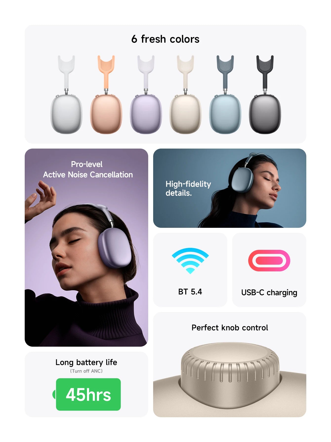 W65 Plus ANC Wireless Headphones – Bluetooth 5.4, 45H Playtime, Mic